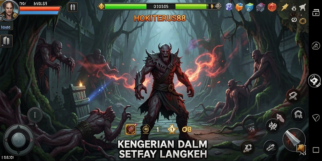 Screenshot gameplay HOKITERUS88 menunjukkan suasana mencekam dan karakter misterius.