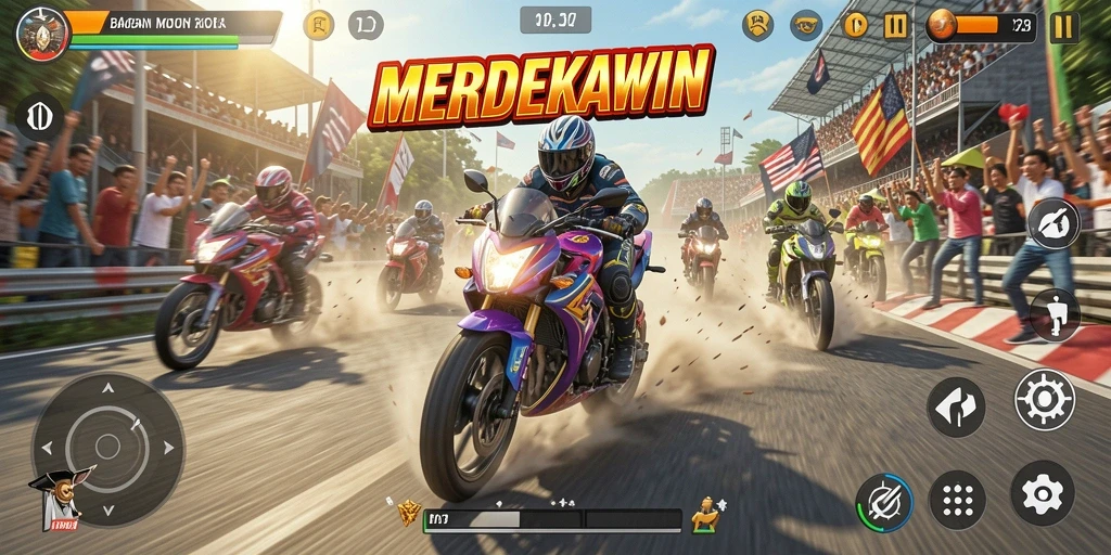 Screenshot gameplay MERDEKAWIN menampilkan aksi balapan motor yang mendebarkan.