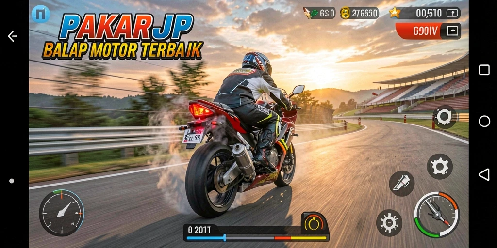Screenshot gameplay PAKARJP menunjukkan aksi balap motor yang mendebarkan.